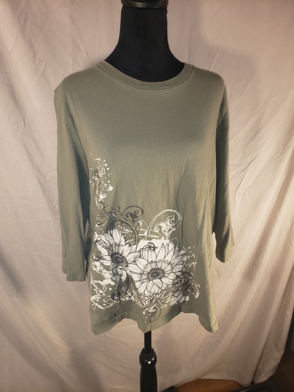 Kim Rogers Sage Green Floral Long Sleeve Tee - XL